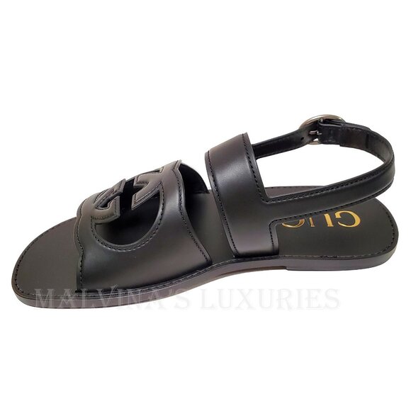 GUCCI SHOES MENS BLACK LEATHER CUTOUT INTERLOCKING G LOGO SANDALS sz 11 / 11.5 - Picture 9 of 14